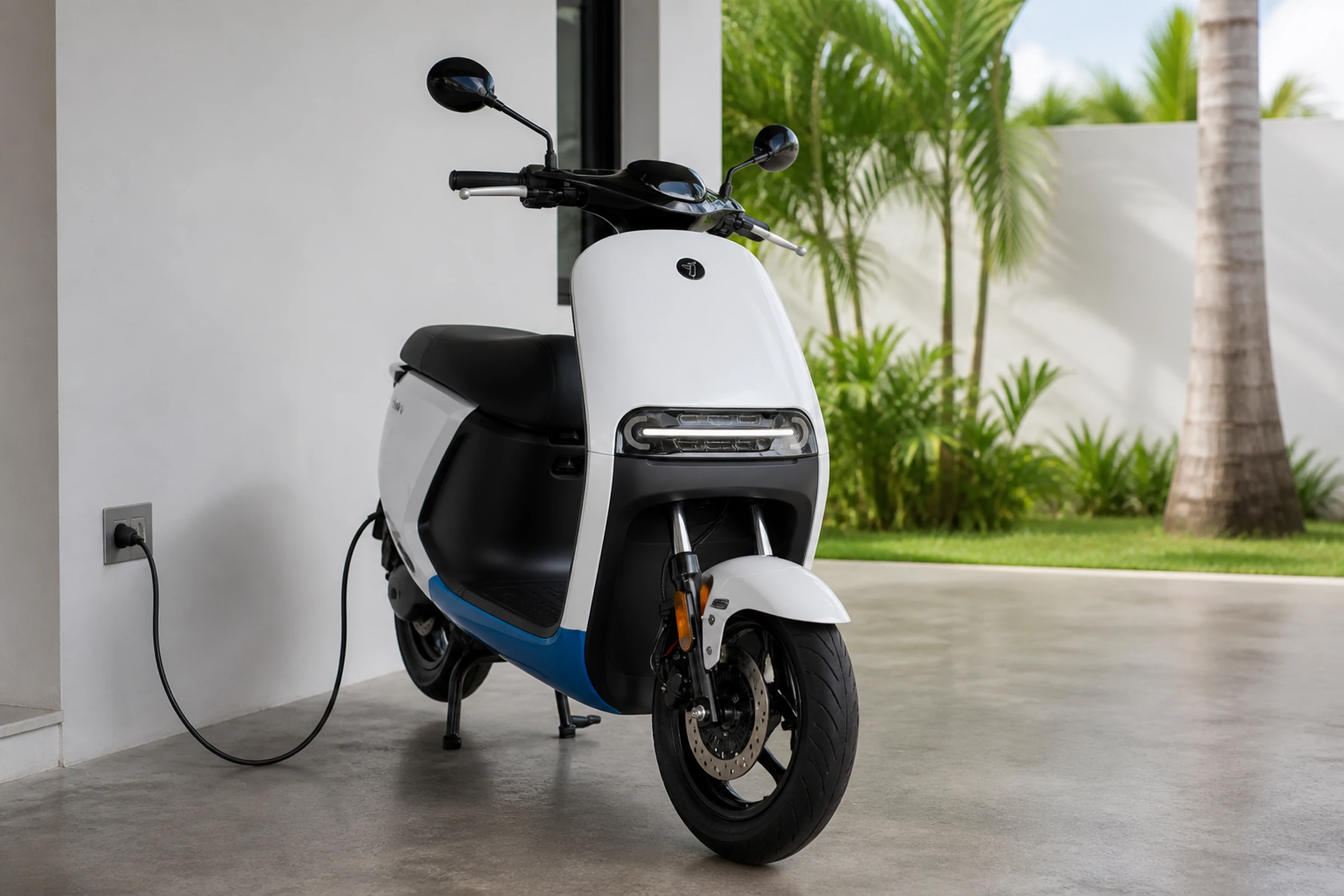 Motocicleta eléctrica conectada a su cargador